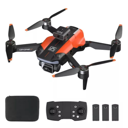 Orange quadcopter drone with foldable arms, controller and extra batteries