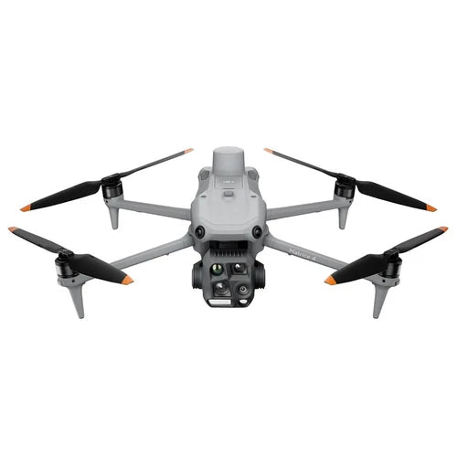Gray quadcopter drone with four foldable propellers and front camera gimbal