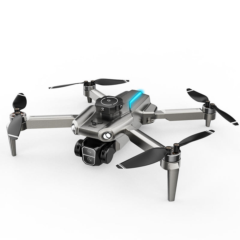 Gray quadcopter drone with four propellers and front camera module