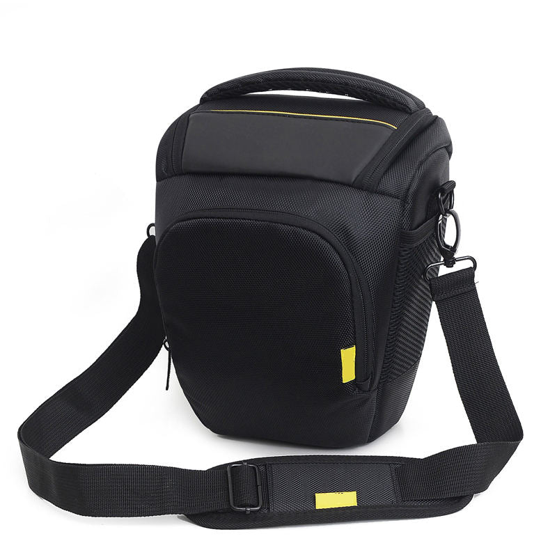 Black waterproof camera shoulder bag with padded front pocket and adjustable strap