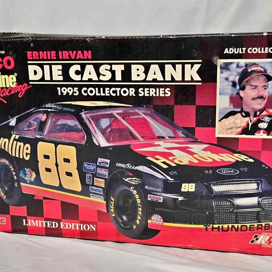 Diecast racing coin bank model car, black red with #88 Havoline Ford logos