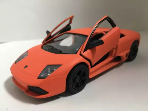 Matte orange diecast model car, front 3/4 view with raised scissor doors (1:36)