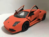 Matte orange diecast model car, front 3/4 view with raised scissor doors (1:36)