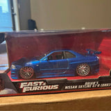 Blue die-cast sports car model with detailed hood and alloy wheels, in display box