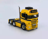 Yellow Scania tractor unit truck model diecast 1:64, front cab and trailer