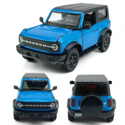 Blue Ford Bronco diecast model car metal toy with black wheels