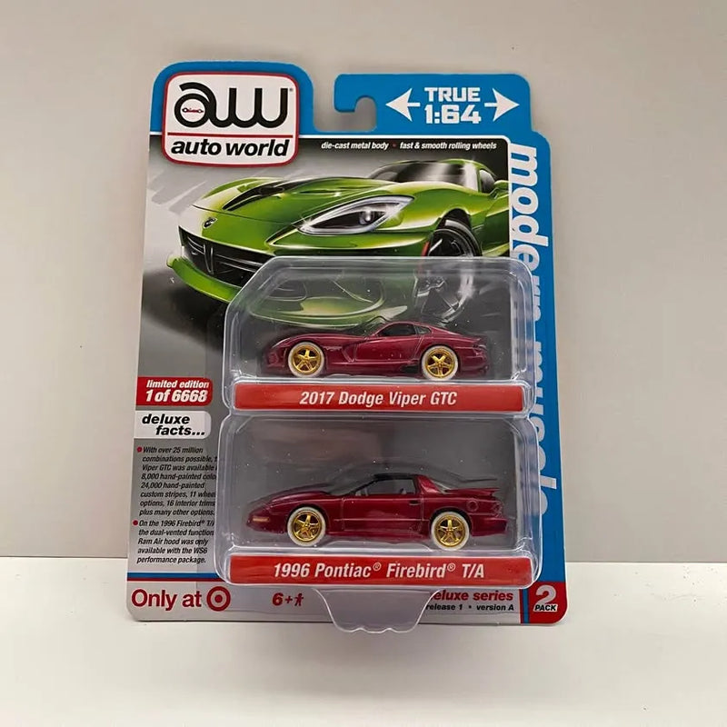 Auto World diecast 2-pack: 2017 Dodge Viper and 1996 Pontiac Firebird on blister card