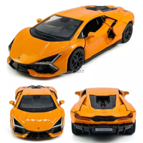 Orange diecast sports car toy with black wheels, front and side views