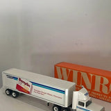 White diecast box truck with colorful company logo on side and dual rear wheels