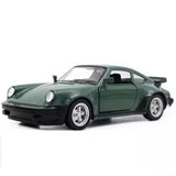 1/36 Porsche 911 Turbo diecast toy car, dark green sports coupe with pull toy