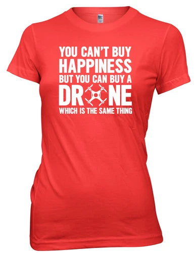 Red women’s funny drone T-shirt with “DRONE” text and heart graphic