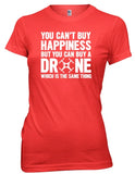 Red women’s funny drone T-shirt with “DRONE” text and heart graphic