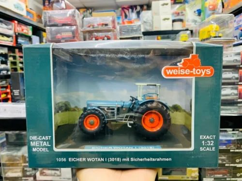Weise-toys 1:32 die-cast metal tractor model with safety frame, blue with orange wheels