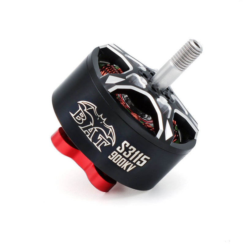 Black drone motor with red ring and silver threaded shaft, 3115-style heatsink