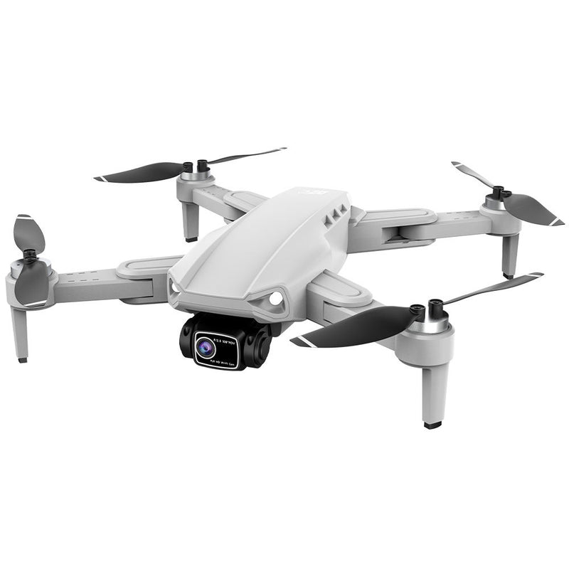 White quadcopter drone with four propellers and front HD camera module