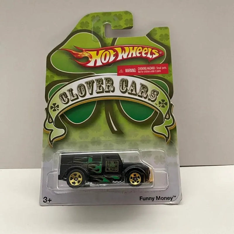 Hot Wheels Clover Cars die-cast toy car in green blister, Funny Money