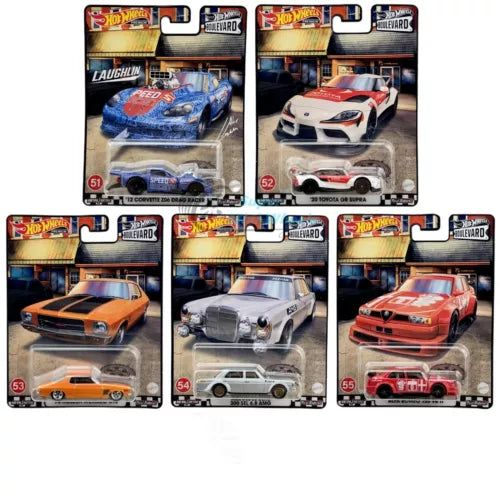 Set of four Hot Wheels 1/64 diecast cars in blister packs