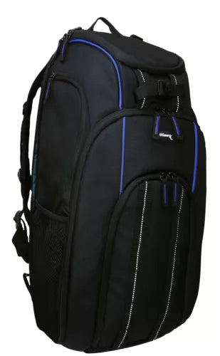 Black backpack with blue trim, front zip pocket, padded shoulder straps