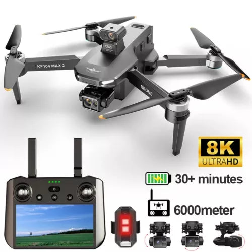 GPS camera drone with gray body, gimbal camera, and handheld controller with screen
