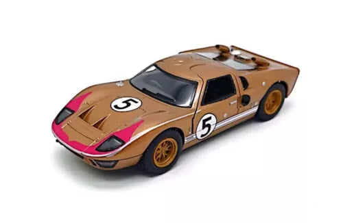 Gold and pink diecast Ford GT40 MKII model car, 1:36 scale, front-left view.