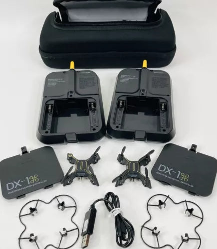 Micro drone set with two controllers, propellers, and protective carrying case