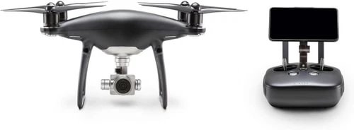 Dark quadcopter drone with front camera and four propellers, compact body