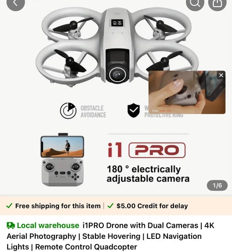 Gray quadcopter drone with built-in camera, foldable propellers and protective ring