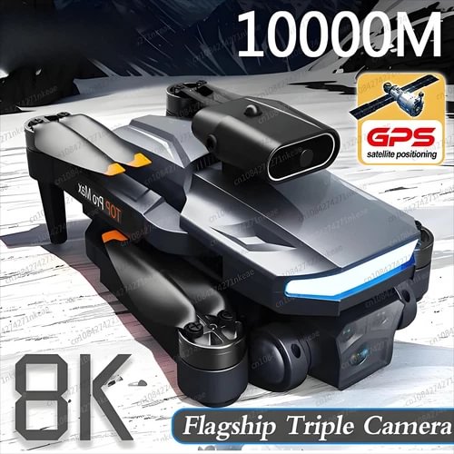 Black GPS drone with triple camera and front obstacle sensors