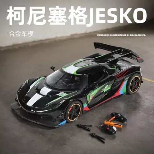 1:32 diecast supercar model with black, green, red livery, rear wing and parts