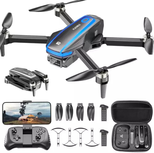 Quadcopter drone with front camera, foldable propellers, and controller kit accessories