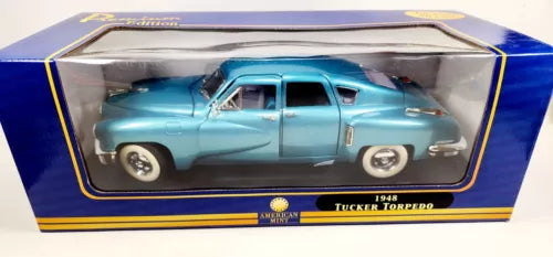 Light blue diecast 1:18 Tucker Torpedo model car in display box with stand