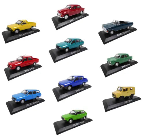 Set of 10 diecast miniature cars on display bases, various colors and models