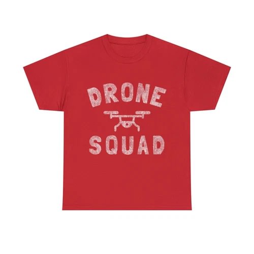 Red graphic tee shirt with white 'DRONE SQUAD' print and drone illustration