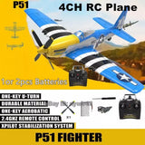 Blue and yellow foam RC airplane model, P51 fighter-style, with propeller