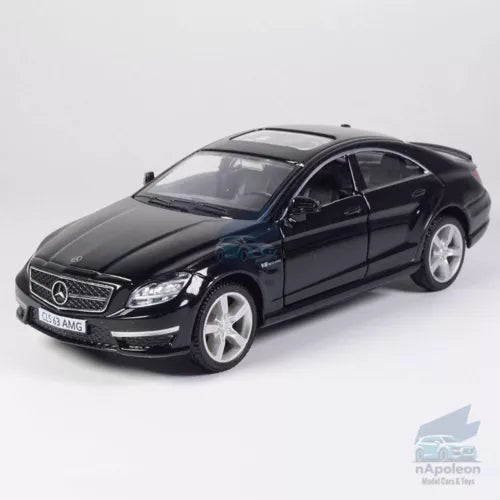 Black Mercedes CLS 63 AMG diecast model car with alloy wheels, front three-quarter view