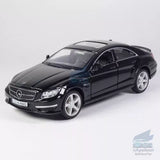 Black Mercedes CLS 63 AMG diecast model car with alloy wheels, front three-quarter view