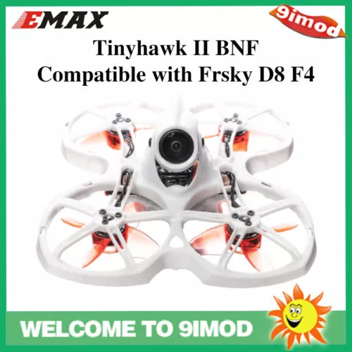 EMAX Tinyhawk II whoop FPV racing drone, white frame with orange propellers and camera