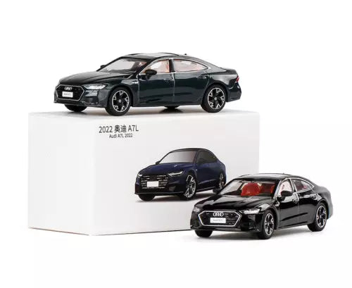 1:64 scale Audi A7L diecast metal model car in box, dark green/black