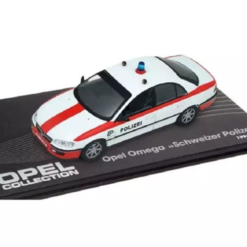 Police diecast model car with white body, red stripe, black windows, and 'POLIZEI' markings