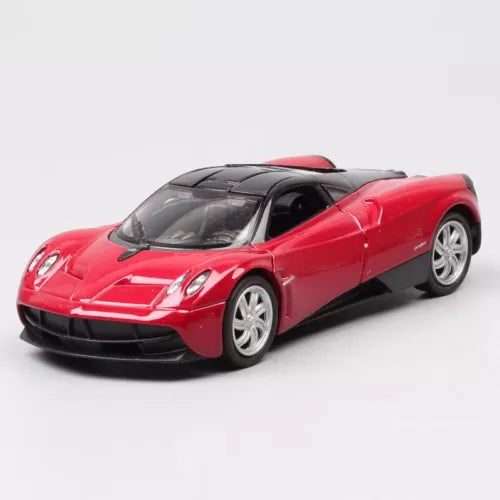 Red sports hypercar diecast pull-back model with black accents and silver wheels