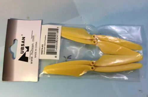 Yellow quadcopter propeller blades set in sealed bag