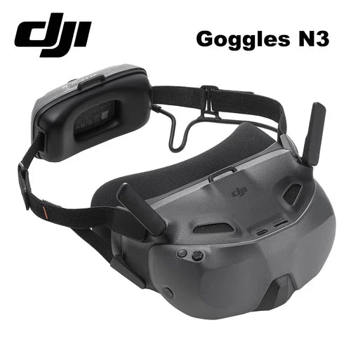 FPV headset goggles with fabric strap and front display module, dark gray and black