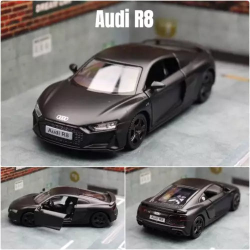 Audi R8 1:36 diecast sports car model, dark gray metal body, black wheels.