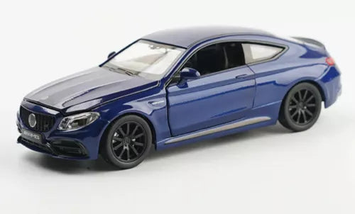 Blue Mercedes C63S diecast model car with black wheels, front three-quarter view
