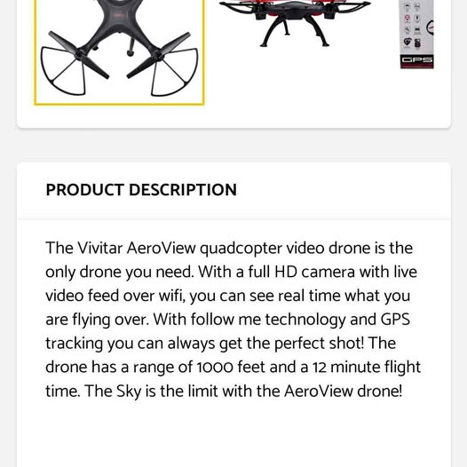 Black quadcopter drone with four propellers and camera body