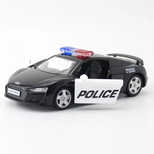 Black diecast police car model with POLICE side panel, blue/red roof light