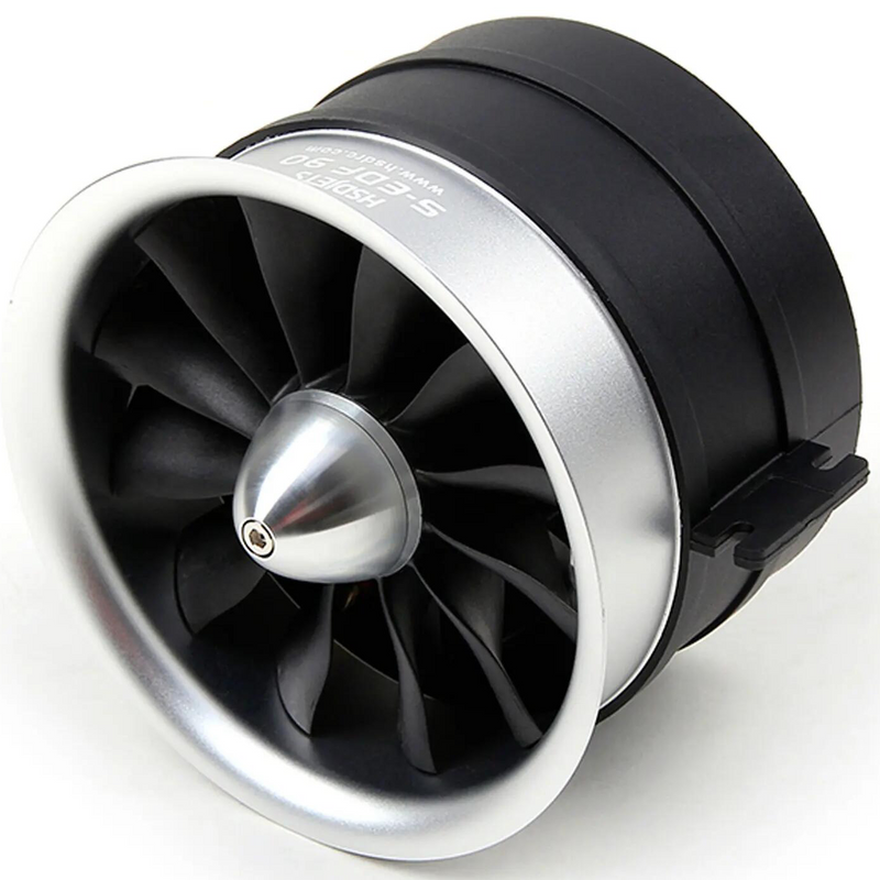 RC duct fan thruster with black shroud, silver inlet ring, and black EDF blades