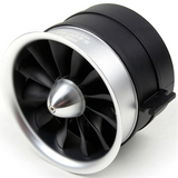 RC duct fan thruster with black shroud, silver inlet ring, and black EDF blades