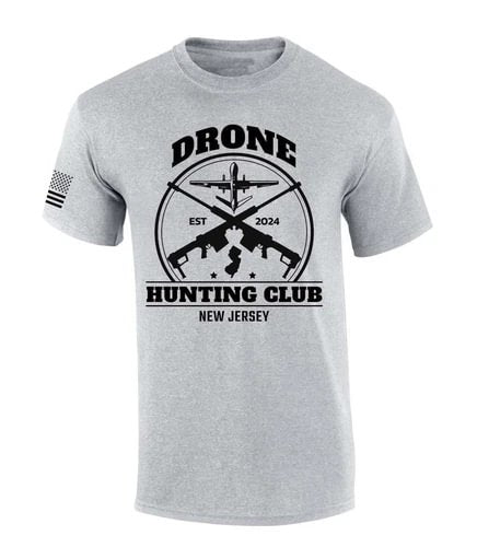 Grey drone hunting club T-shirt with black front graphic and New Jersey text
