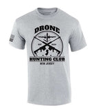 Grey drone hunting club T-shirt with black front graphic and New Jersey text